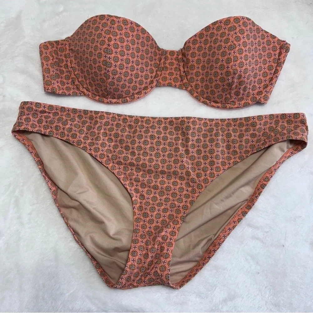 J.Crew Bikini Swimsuit Set 34C L Large Orange Medallion Geometric Boho Underwire